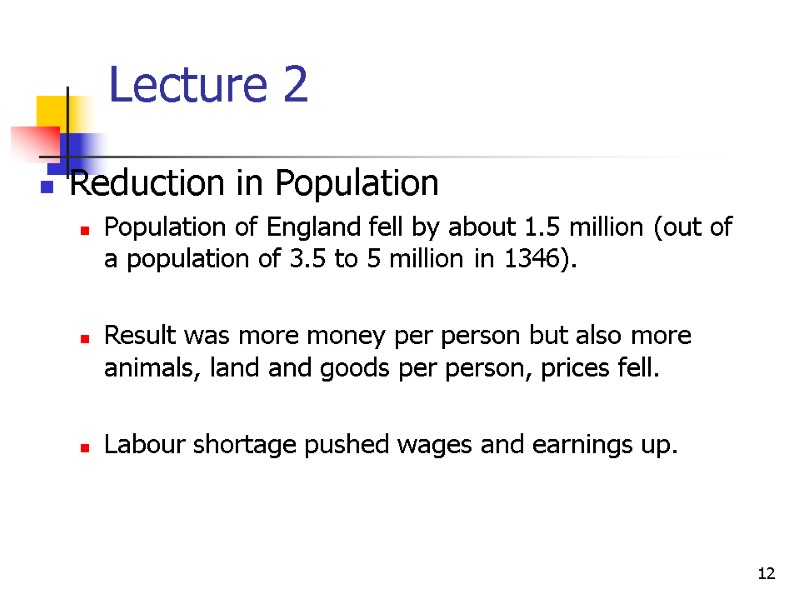 12 Lecture 2  Reduction in Population Population of England fell by about 1.5